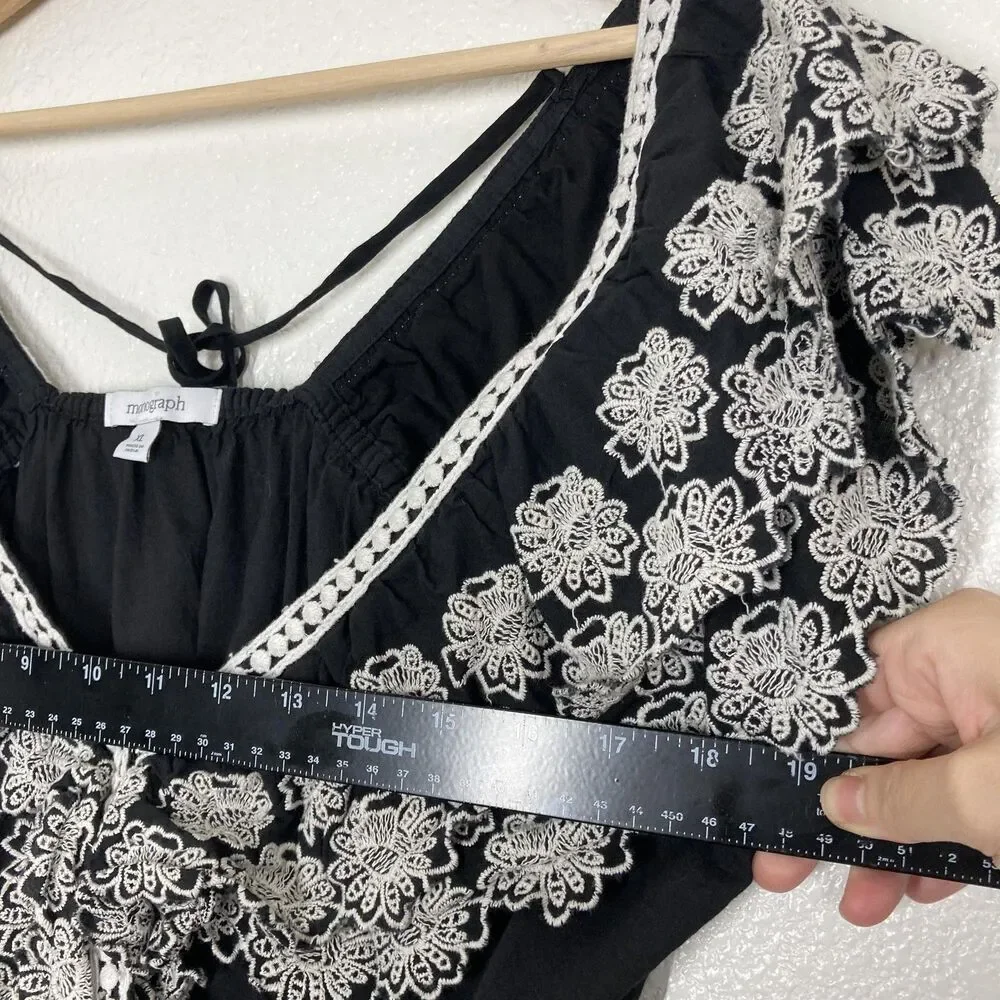 Monograph Anthropologie Blouse XL Black Embroidered Floral Ruffle Crop Top Boho - Picture 9 of 15